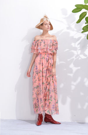 Peachy Blooms Off-Shoulder Maxi Dress