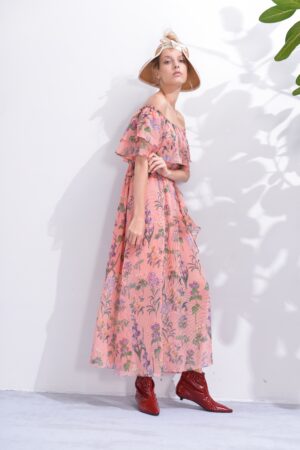 Peachy Blooms Off-Shoulder Maxi Dress