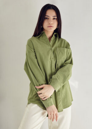 Olive Green Puff-Sleeve Casual Shirt